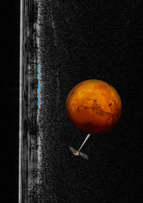 Artist impression of the Mars Express spacecraft using its radar and finding a bright spot